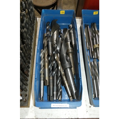 5088 - 1 box containing a quantity of various taper shank drill bits - The plastic box is included