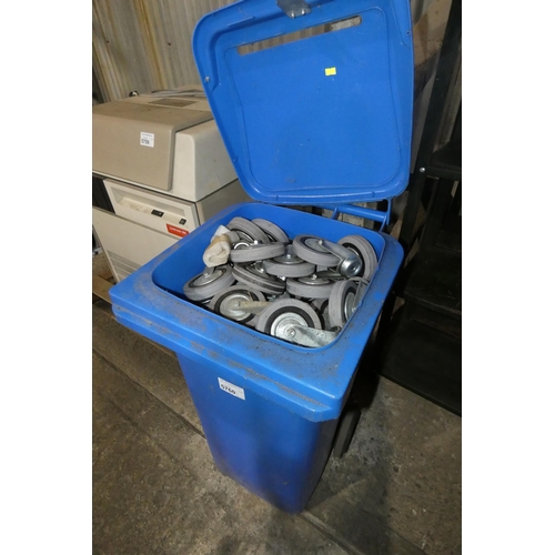 5760 - 1 x blue plastic wheeled bin containing a quantity of grey caster wheels