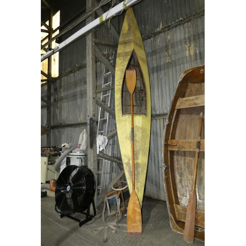 5772 - 1 x vintage canoe / kayak built from yellow fabric stretched over a wood frame approx 4.3m long, sup... 