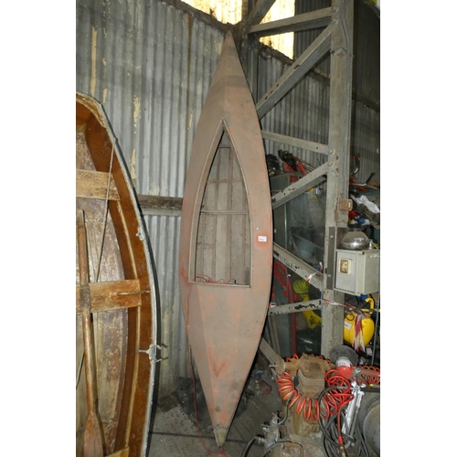 5774 - 1 x vintage canoe built from red fabric stretched over a wood frame approx 3.2m long - Please note t... 