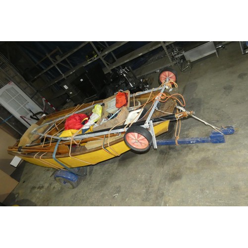 5995 - 1 x Mirror sailing dinghy approx 3.3m long x 1.45m wide on a road going two wheel un-braked trailer,... 