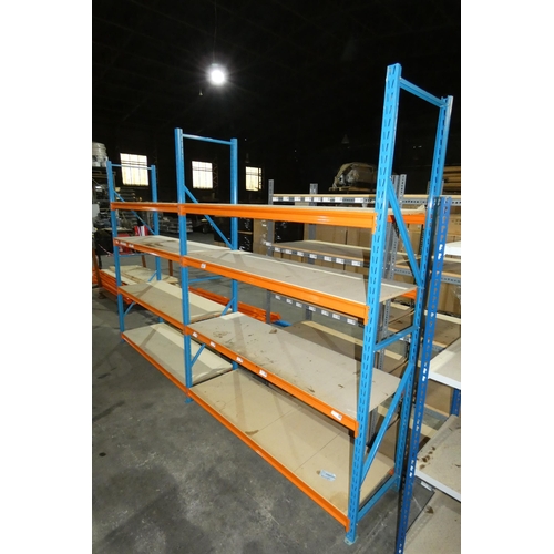 5952 - A run of 2 bays (3 uprights) of orange / blue metal boltless stores type racking comprising of 3 upr... 