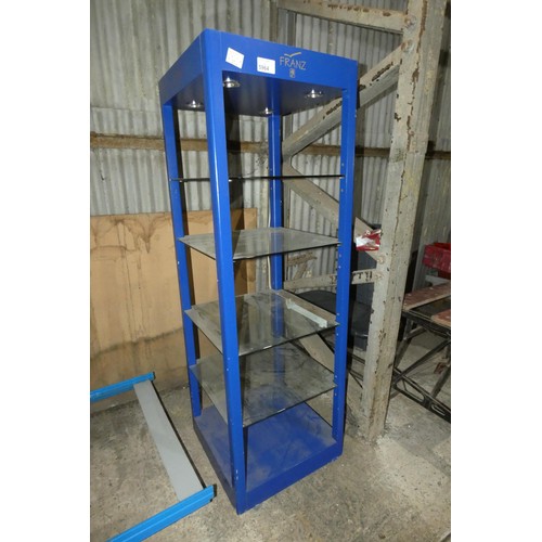 5964 - 1 x blue metal open sided display shelf unit with glass shelves approx 60 x 60 x 180cm high