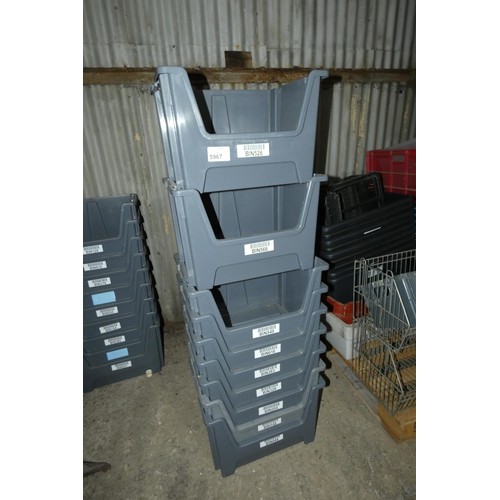 5967 - 9 x grey plastic stacking storage / picking bins each approx 49 x 39 x 32cm high