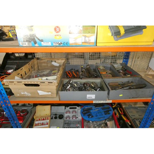 5905 - A quantity of various tools including spanners screwdrivers, pulleys etc. Contents of 1 shelf and pl... 