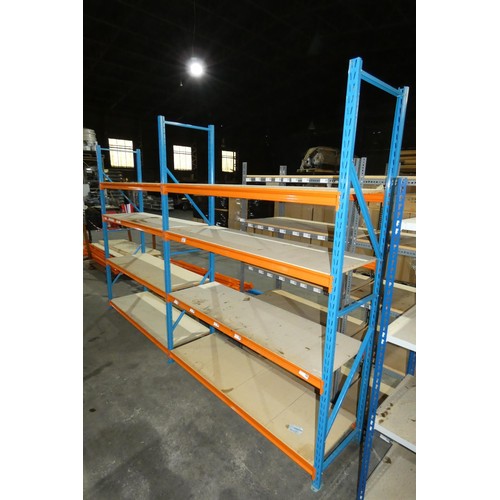 5953 - A run of 2 bays (3 uprights) of orange / blue metal boltless stores type racking comprising of 3 upr... 