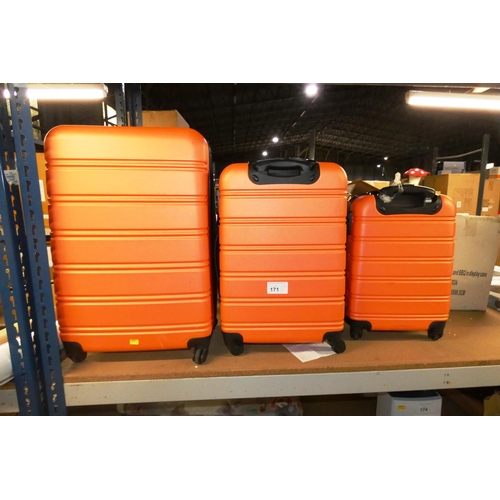 171 - A set of 3 orange wheeled suit cases. Please note that these appear to have been used