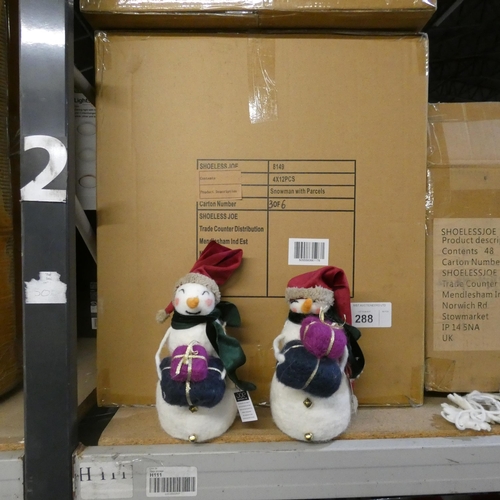 288 - 1 box containing 48 x Shoeless Joe snowman with parcel decorations