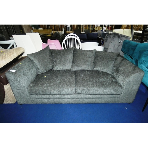 622 - A metallic greyish upholstered sofa approx 190cm wide. Please note that there is damage to the rear ... 