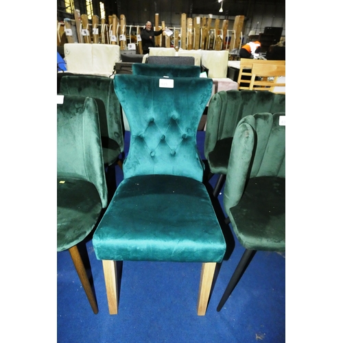 629 - 2 x green upholstered velvet touch high back dining chairs