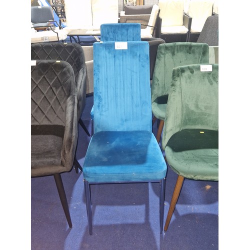 627 - 2 x blue upholstered velvet touch high back dining chairs