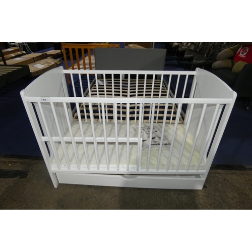 744 - 1 x FDM white cot with storage drawer under and is supplied with a mattress - Built