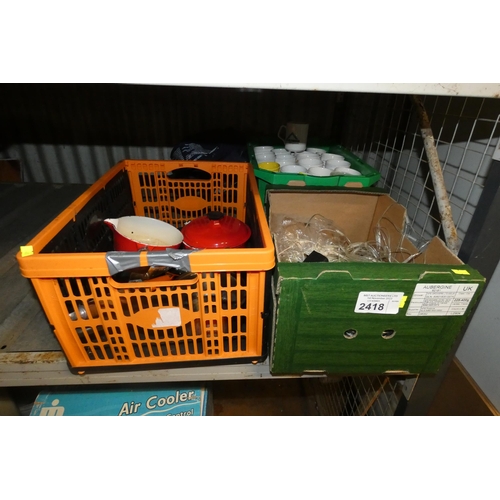 2418 - A quantity of various items including crockery, cooking pans, string lights 240v etc (Trade)