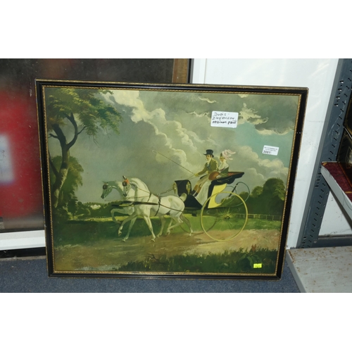 3081 - A framed print of a Regency couple on a Carriage Drive