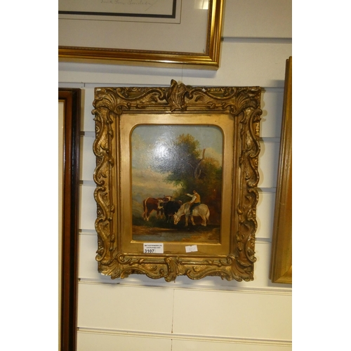 3107 - A small gilt framed oil on board of a mounted farmer with two cows