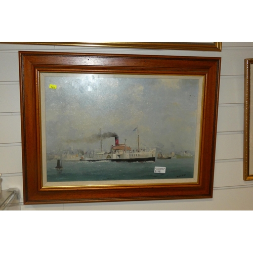 3113 - A framed oil painting of a paddle steamer signed; Hugh E Ridge