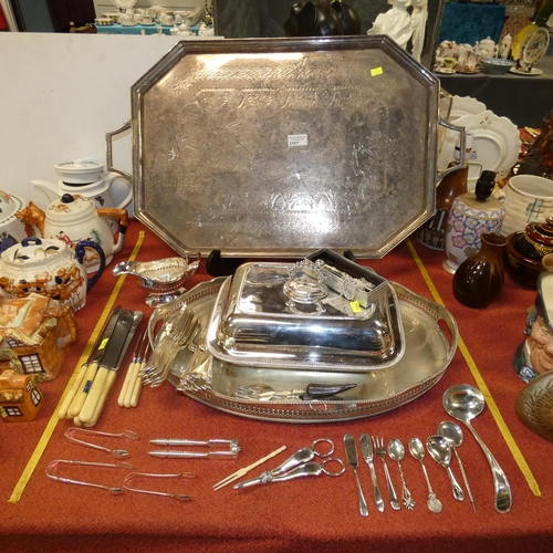 3187 - A large octagonal engraved silver plated tray, an oval a silver plated galleried tray, a rectangular... 