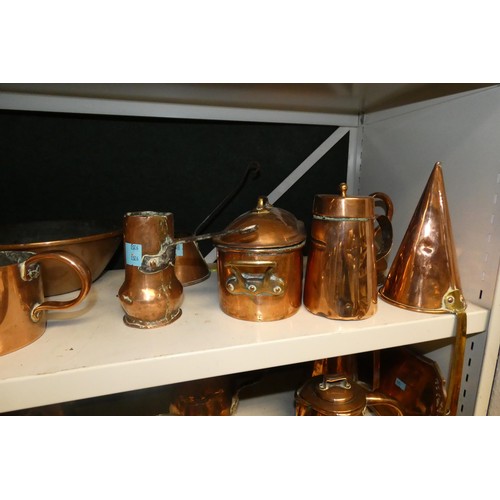 3027 - A quantity of miscellaneous decorative copper ornaments including jugs, pots & mugs etc. (2 shelves)