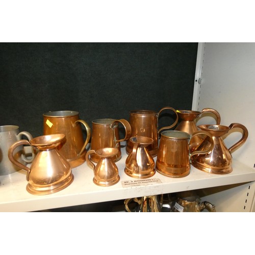 3049 - A collection of miscellaneous copper tankards and jugs and various pewter tankards (one shelf)