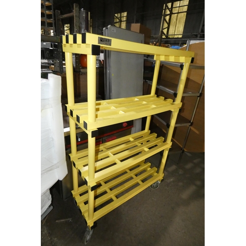 1027 - A mobile yellow plastic cold room catering type rack with 4 shelves approx 100x40x158cm