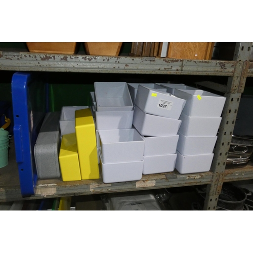 1097 - A quantity of various plastic containers, contents of 1/2 a shelf