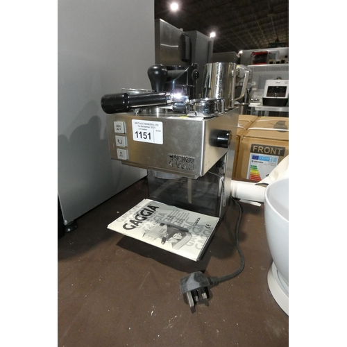 1151 - A small single group coffee machine by Gaggia with knock out box, handles & steam wand - trade