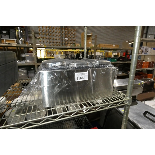 1166 - An unused commercial stainless steel 3 section condiment dispenser