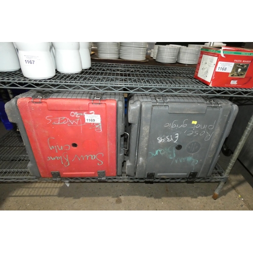 1169 - 2 x large used insulated food transport boxes