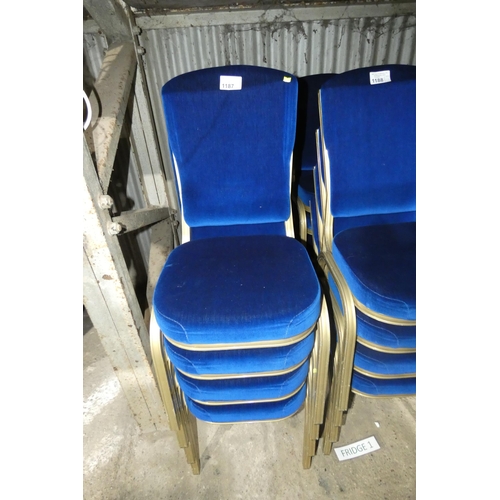 1187 - 8 gold coloured aluminium framed blue upholstered stacking banqueting chairs