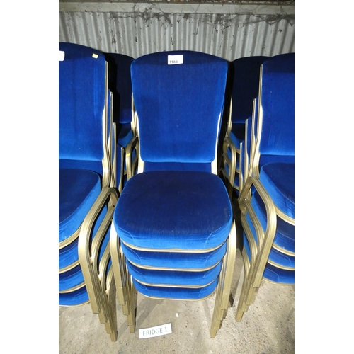 1188 - 8 gold coloured aluminium framed blue upholstered stacking banqueting chairs