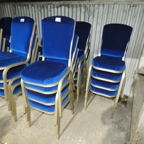 1190 - 12 gold coloured aluminium framed blue upholstered stacking banqueting chairs