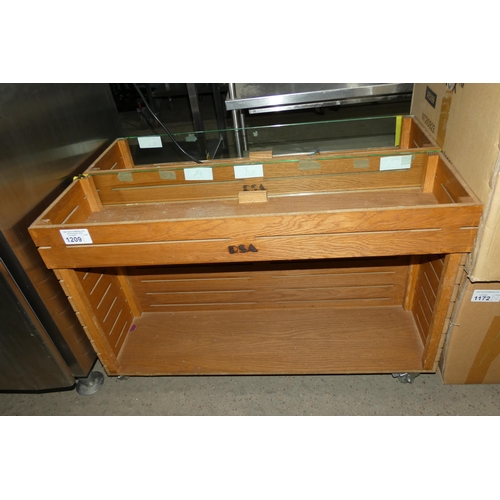 1209 - 2 x mobile wooden display cabinets with storage beneath