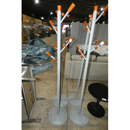 1404 - 2 x silver and wood effect hat and coat stands