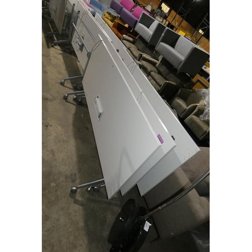 1414 - 3 x white tipping top wheeled tables each with cable management sockets in middle of table and each ... 