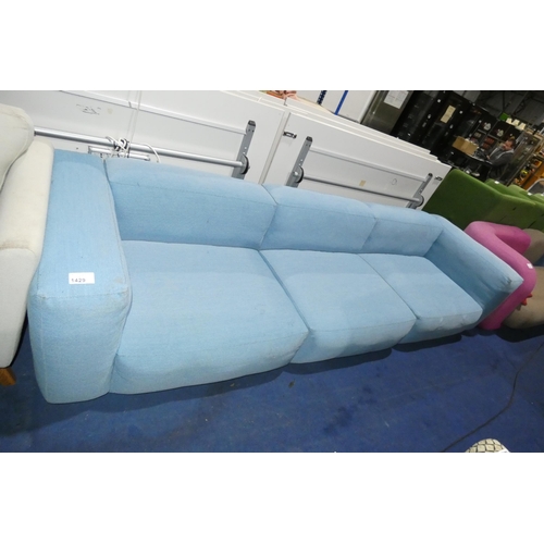 1429 - A three section oversize blue upholstered sofa approx 320cm wide