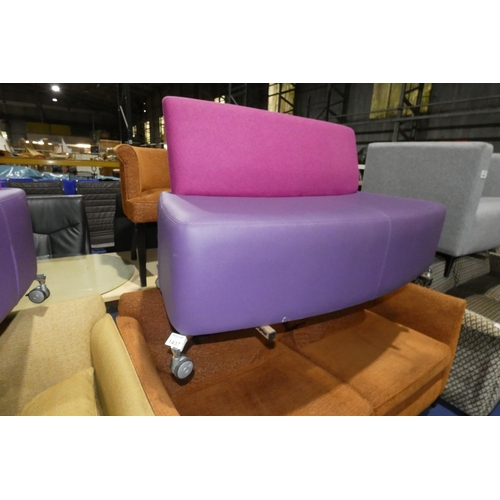 1437 - An Orangebox Path-08 purple upholstered wheeled reception type seat approx 147cm wide