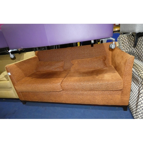 1439 - A Manor burnt orange upholstered reception type sofa approx 173cm wide with 2 x matching tub chairs