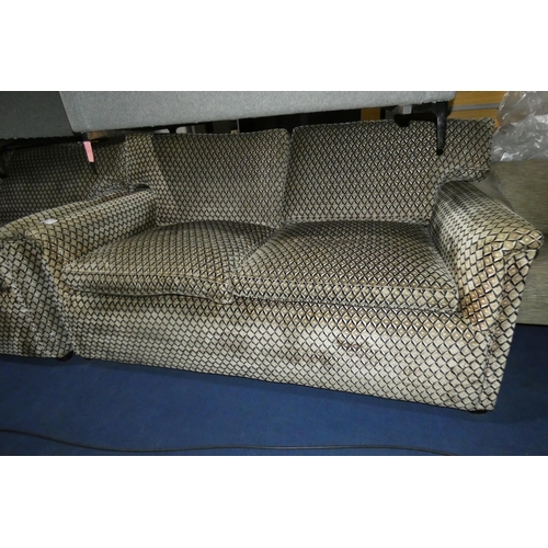 1443 - A two person reception type sofa upholstered in diamond pattern fabric approx 170cm wide (no make vi... 