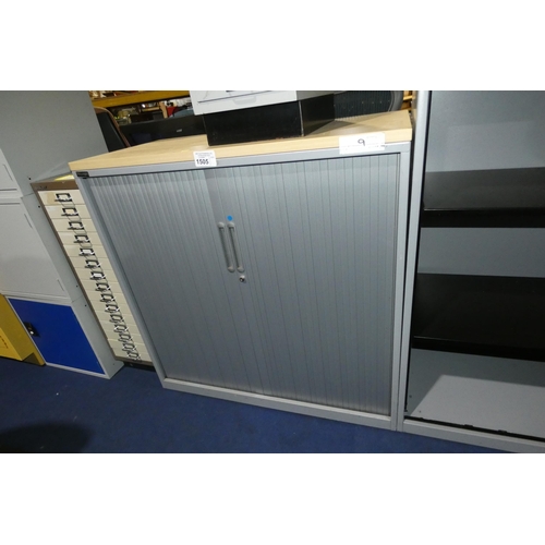 1505 - 1 x Triumph grey metal tambour door cabinet with wood effect top approx 100 x 47 x 100cm high