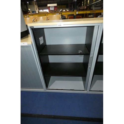 1506 - 1 x Triumph grey metal tambour door cabinet with wood effect top approx 80 x 47 x 121cm high