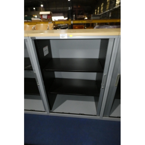 1507 - 1 x Triumph grey metal tambour door cabinet with wood effect top approx 80 x 47 x 121cm high