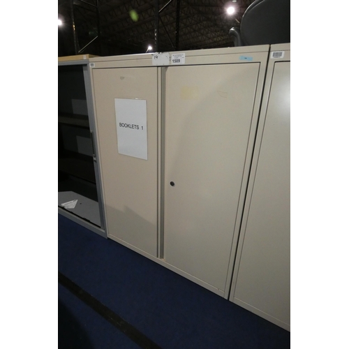 1509 - 1 x metal two door office storage cabinet with slightly sloping wood effect top approx 90 x 47 x 118... 