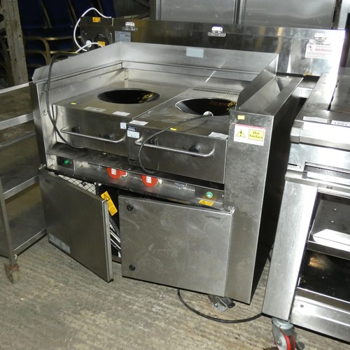 1292 - A commercial stainless steel catering wok station comprising of 2 wok induction hobs and a surround ... 