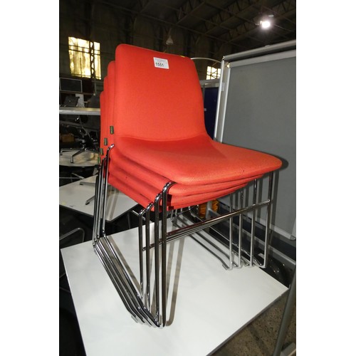 1551 - 4 x Naughtone stacking chairs with sled base in red upholstery