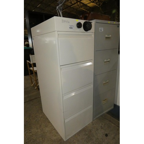 1555 - 1 x grey metal four drawer filing cabinet with push button lock (code is 314416)