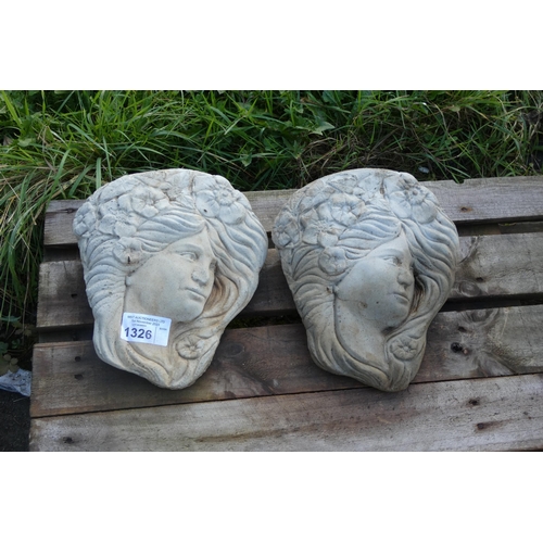 1326 - 2 x matching concrete wall plaques of ladies faces