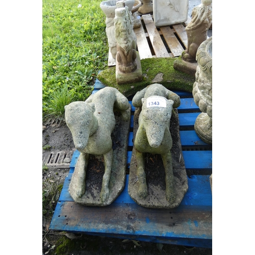 1343 - 2 concrete weathered greyhound garden statues with movable heads