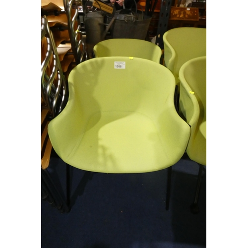 1588 - 2 x light green upholstered tub type wheeled swivel chairs