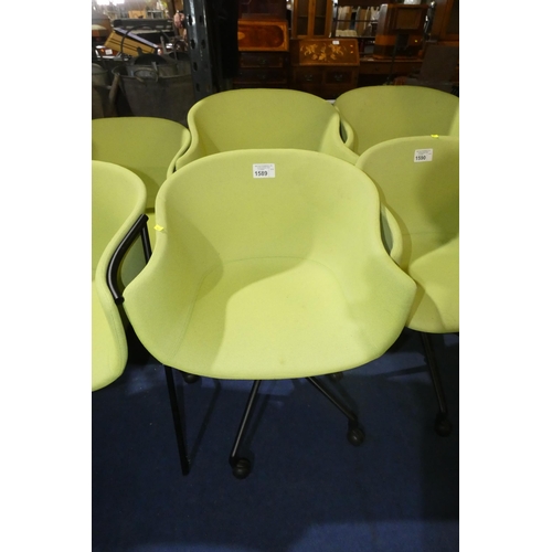 1589 - 2 x light green upholstered tub type wheeled swivel chairs