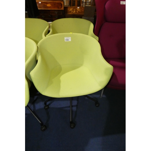 1590 - 2 x light green upholstered tub type wheeled swivel chairs